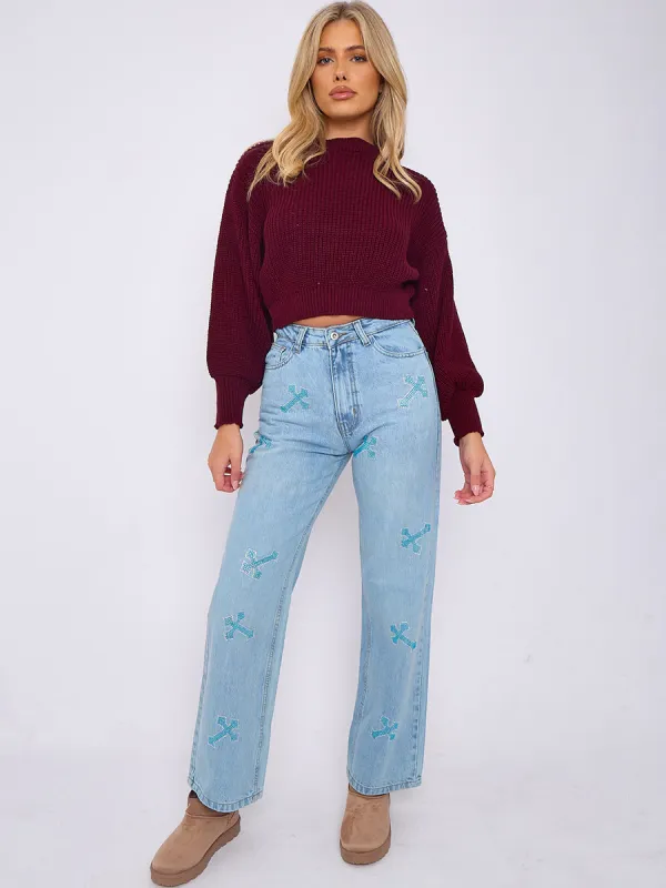 Crucifix Embellished Straight Leg Denim Jeans - Laura sold by Storm Desire