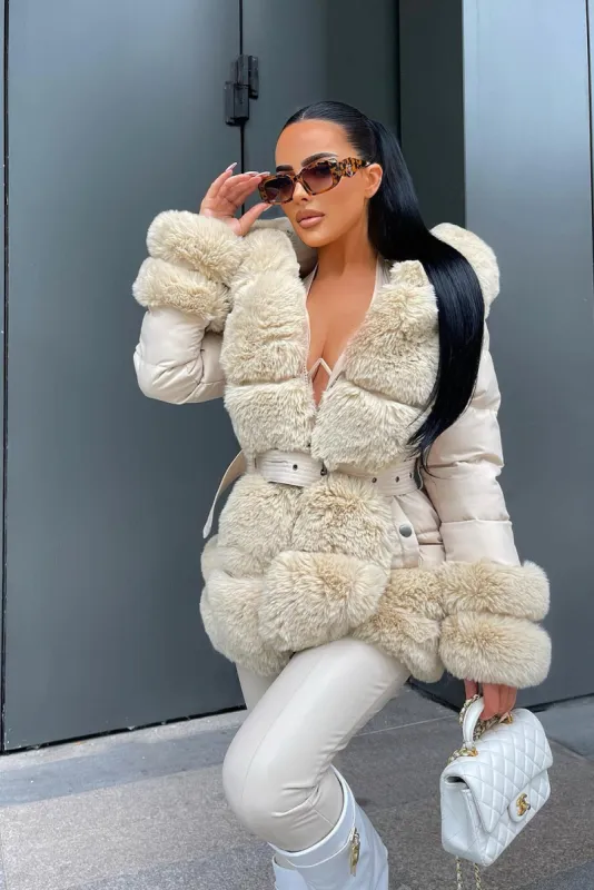 Belted Faux Fur Trim Puffer Coat - Averie sold by Storm Desire