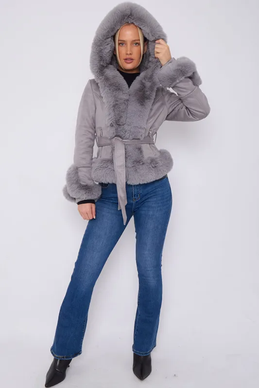 Faux Leather Fur Coat With Hood And Belt - Kate sold by Storm Desire