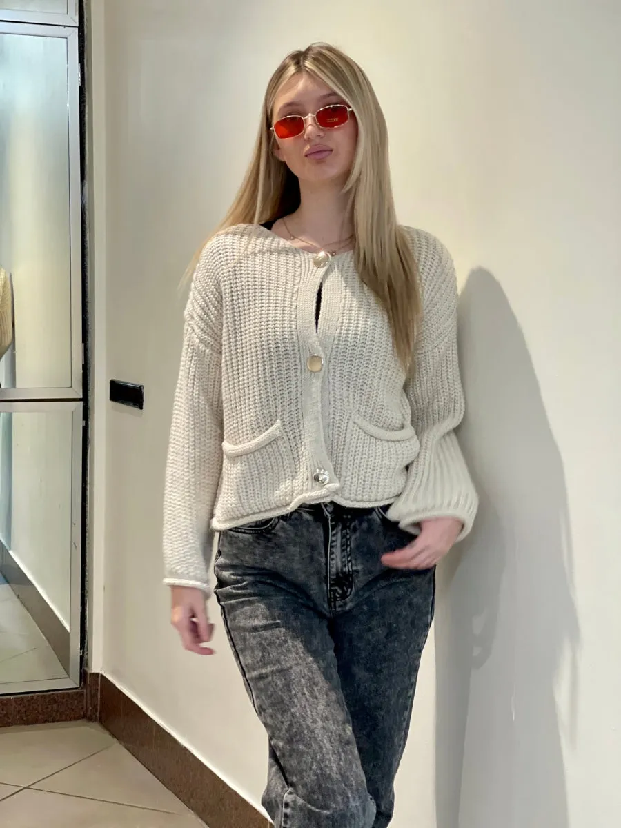 Chunky Knitted Gold Button Cardigan - Laisha sold by Storm Desire