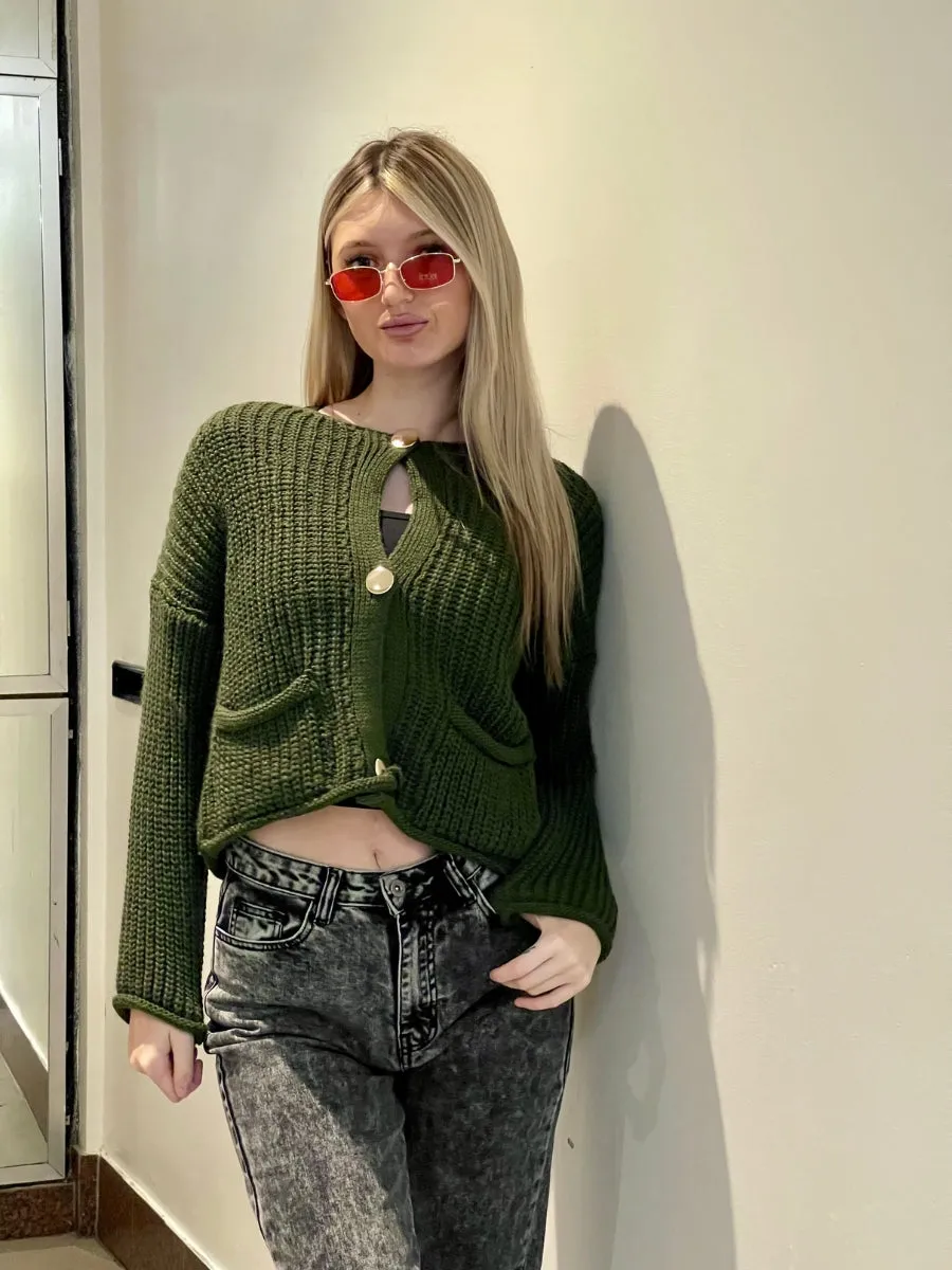 Chunky Knitted Gold Button Cardigan - Laisha sold by Storm Desire product image thumbnail 4