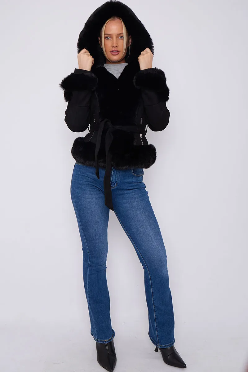 Faux Fur Faux Suede Hooded Belted Coat - Catie sold by Storm Desire product image thumbnail 5