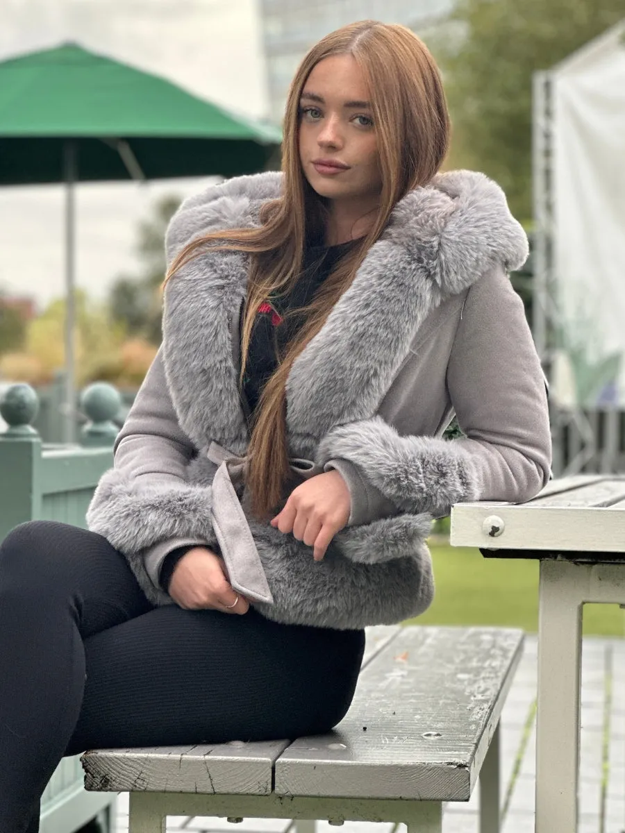 Faux Fur Faux Suede Hooded Belted Coat - Catie sold by Storm Desire