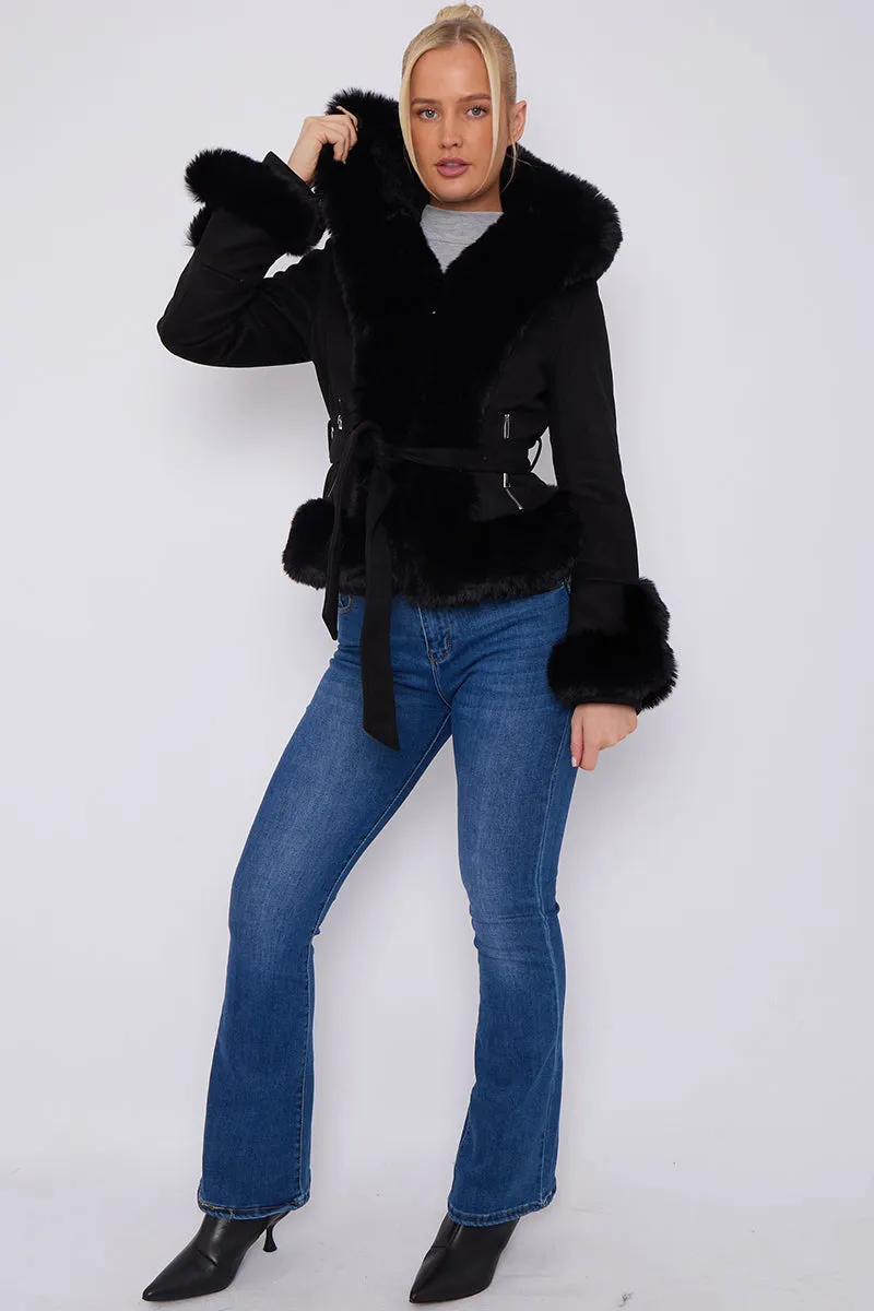 Faux Fur Faux Suede Hooded Belted Coat - Catie sold by Storm Desire product image thumbnail 3