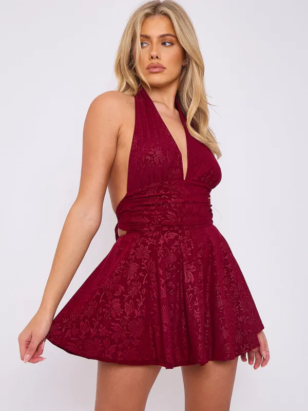 Wine Halter neck Floral Mini Dress - Lillian sold by Storm Desire