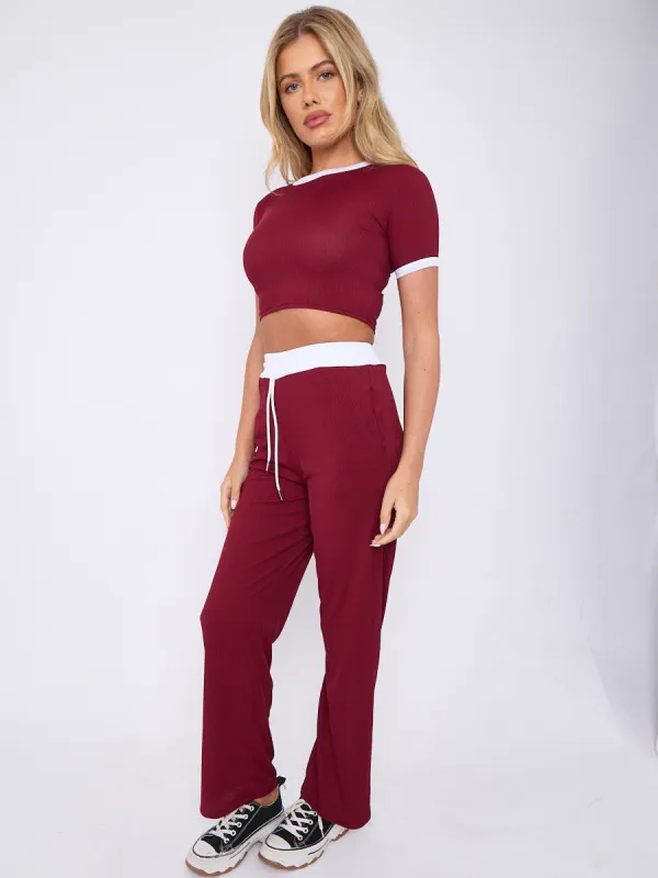 Wine Ribbed Crop Top & Wide Leg Trouser Co-ord - Magnolia sold by Storm Desire