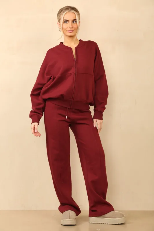 Wine Bomber Style Oversize Fleece Zipper & Jogger Set - Sara sold by Storm Desire