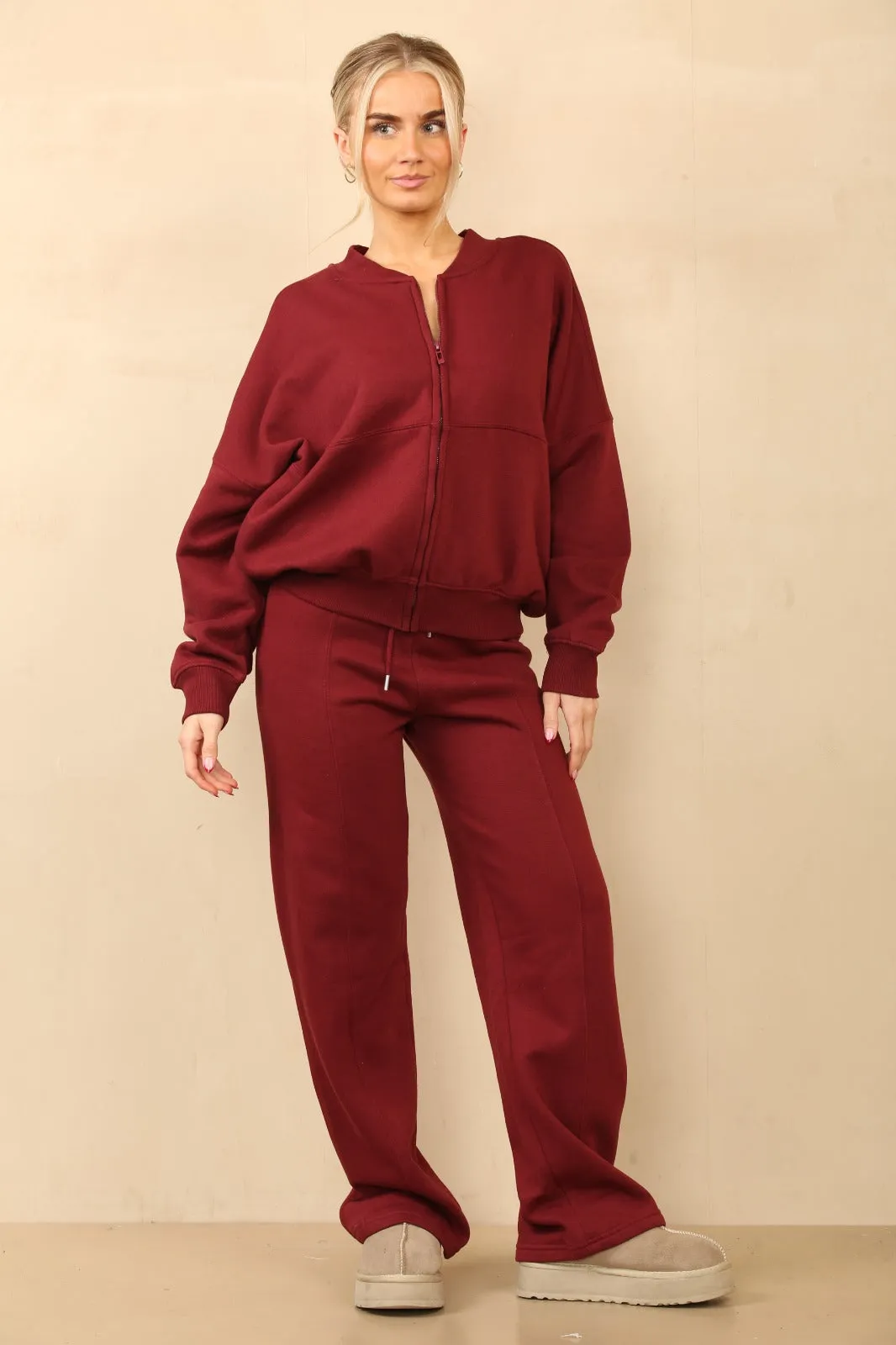 Wine Bomber Style Oversize Fleece Zipper & Jogger Set - Sara sold by Storm Desire