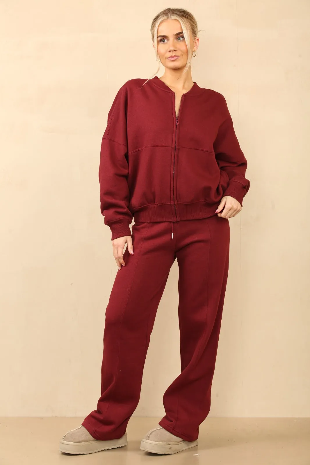 Wine Bomber Style Oversize Fleece Zipper & Jogger Set - Sara sold by Storm Desire product image thumbnail 4