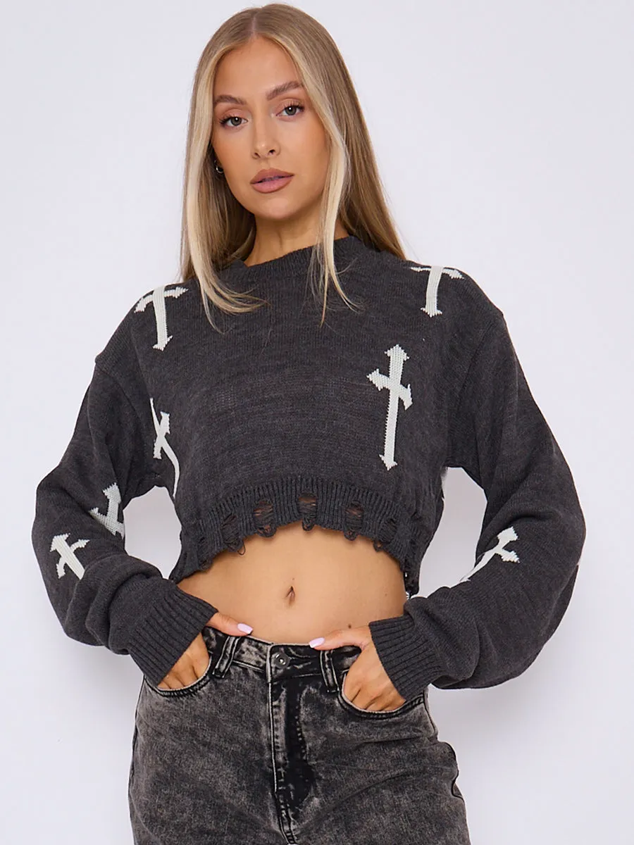 Knitted Crucifix Crop Jumper - Anaya sold by Storm Desire