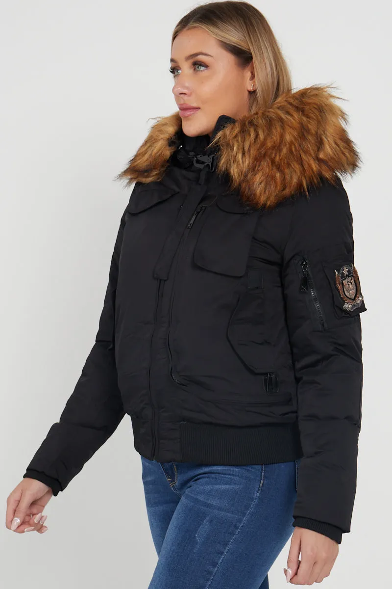 Black Aviator Pilot Faux Fur Hood Bomber Jacket - Emilia sold by Storm Desire product image thumbnail 3