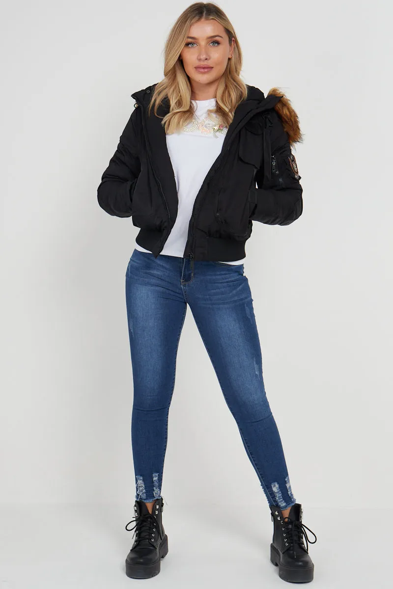 Black Aviator Pilot Faux Fur Hood Bomber Jacket - Emilia sold by Storm Desire product image thumbnail 5