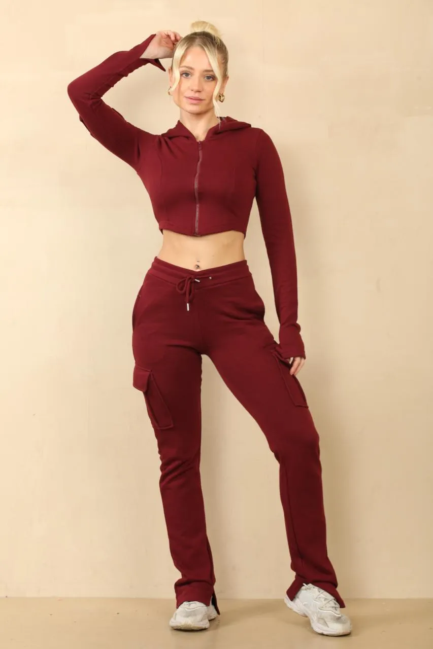 Wine Utility Pocket Crop Zip Top & Flare Jogger Set - Isabel sold by Storm Desire product image thumbnail 4