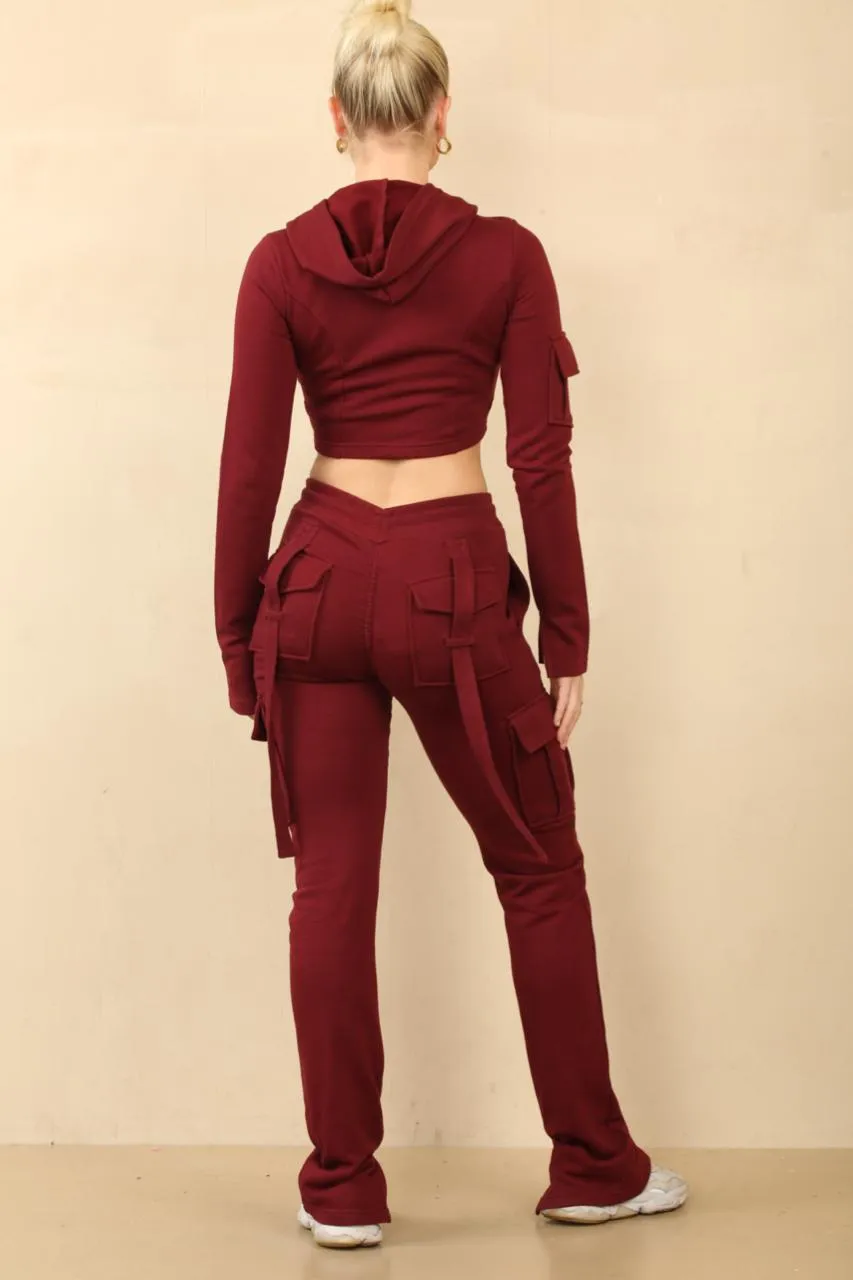 Wine Utility Pocket Crop Zip Top & Flare Jogger Set - Isabel sold by Storm Desire product image thumbnail 3