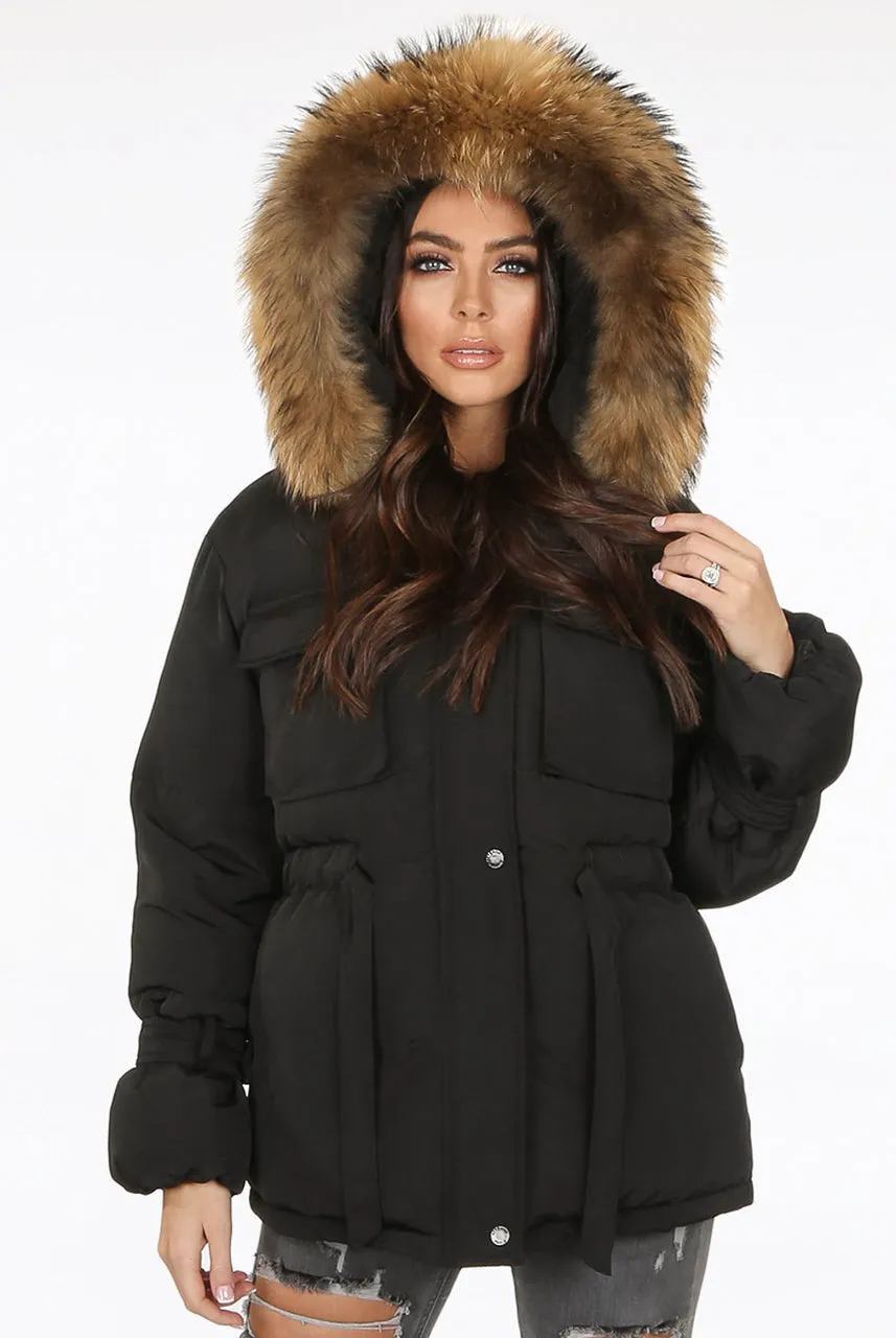 Black Natural Fur Hood Attentif Tie Up Puffer Jacket - Jemima sold by Storm Desire product image thumbnail 5