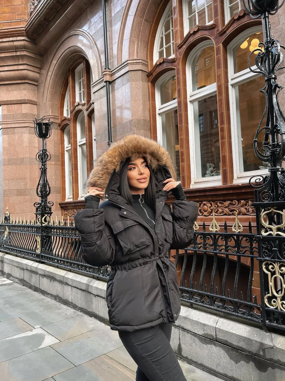 Black Natural Fur Hood Attentif Tie Up Puffer Jacket - Jemima sold by Storm Desire product image thumbnail 3