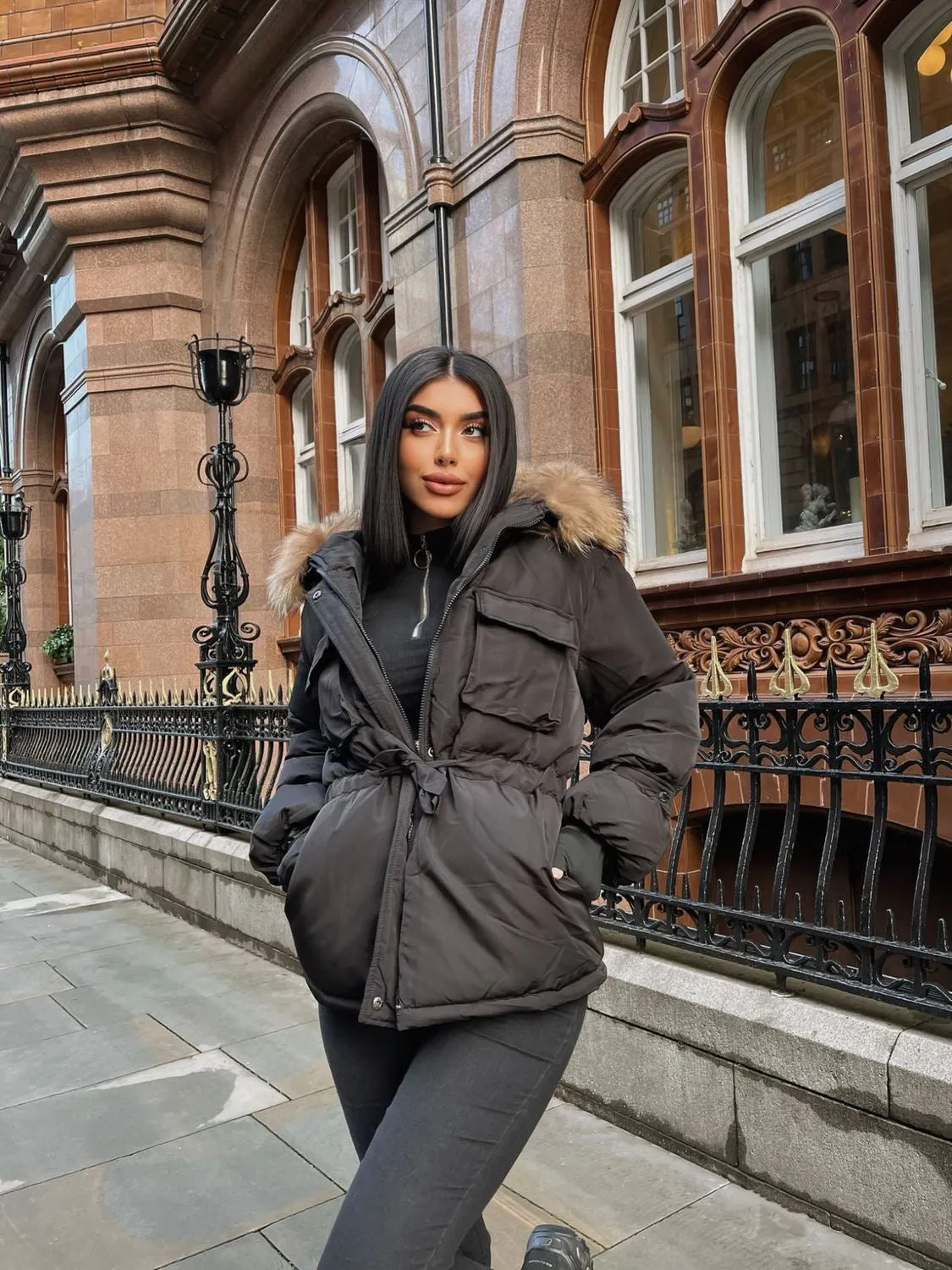 Black Natural Fur Hood Attentif Tie Up Puffer Jacket - Jemima sold by Storm Desire product image thumbnail 4