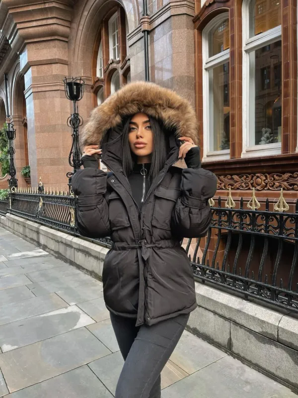 Black Natural Fur Hood Attentif Tie Up Puffer Jacket - Jemima sold by Storm Desire