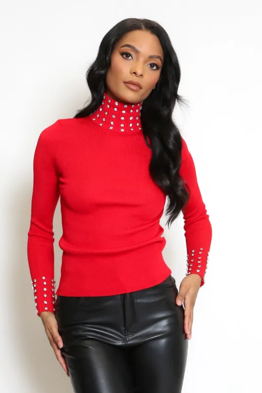 High Neck Ribbed Diamante Jumper - Raegan sold by Storm Desire