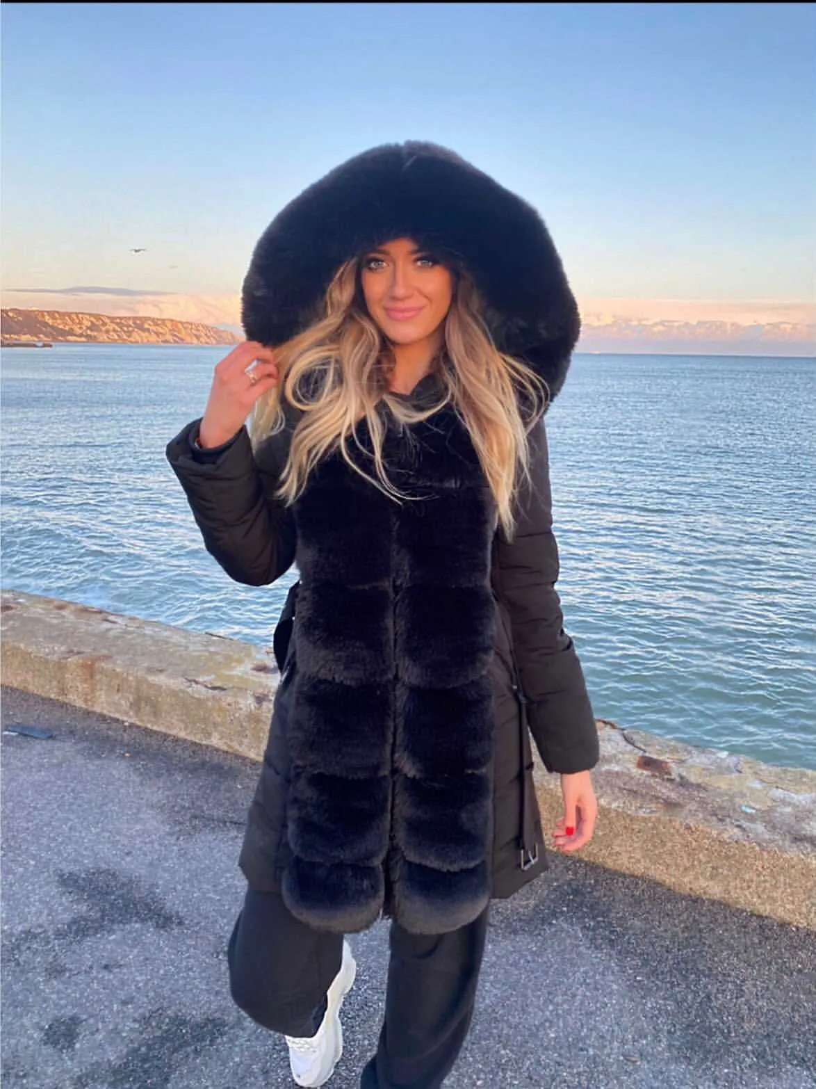 Black Belted Faux Fur Trim Puffer Coat - Serena sold by Storm Desire product image thumbnail 2