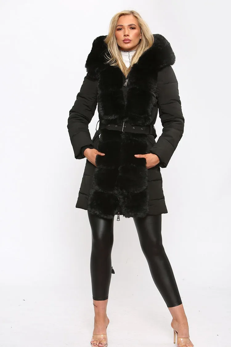 Black Belted Faux Fur Trim Puffer Coat - Serena sold by Storm Desire product image thumbnail 4