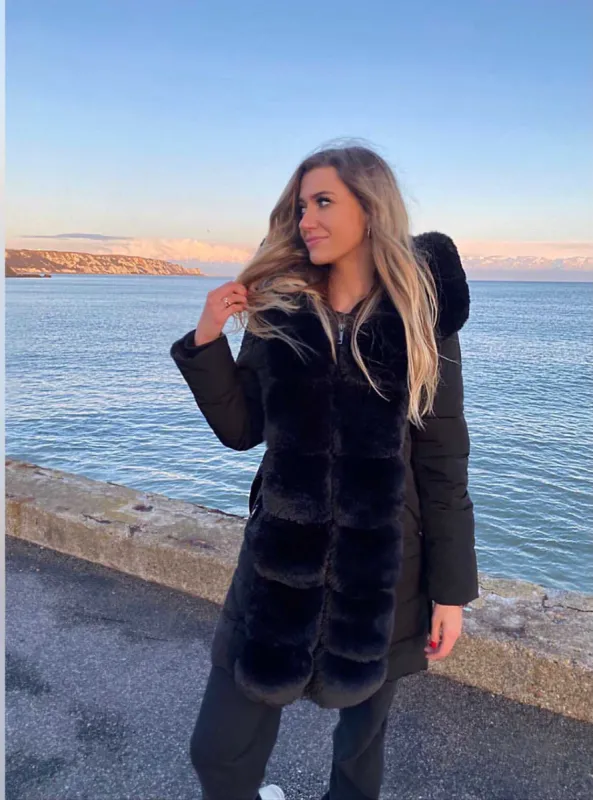 Black Belted Faux Fur Trim Puffer Coat - Serena sold by Storm Desire