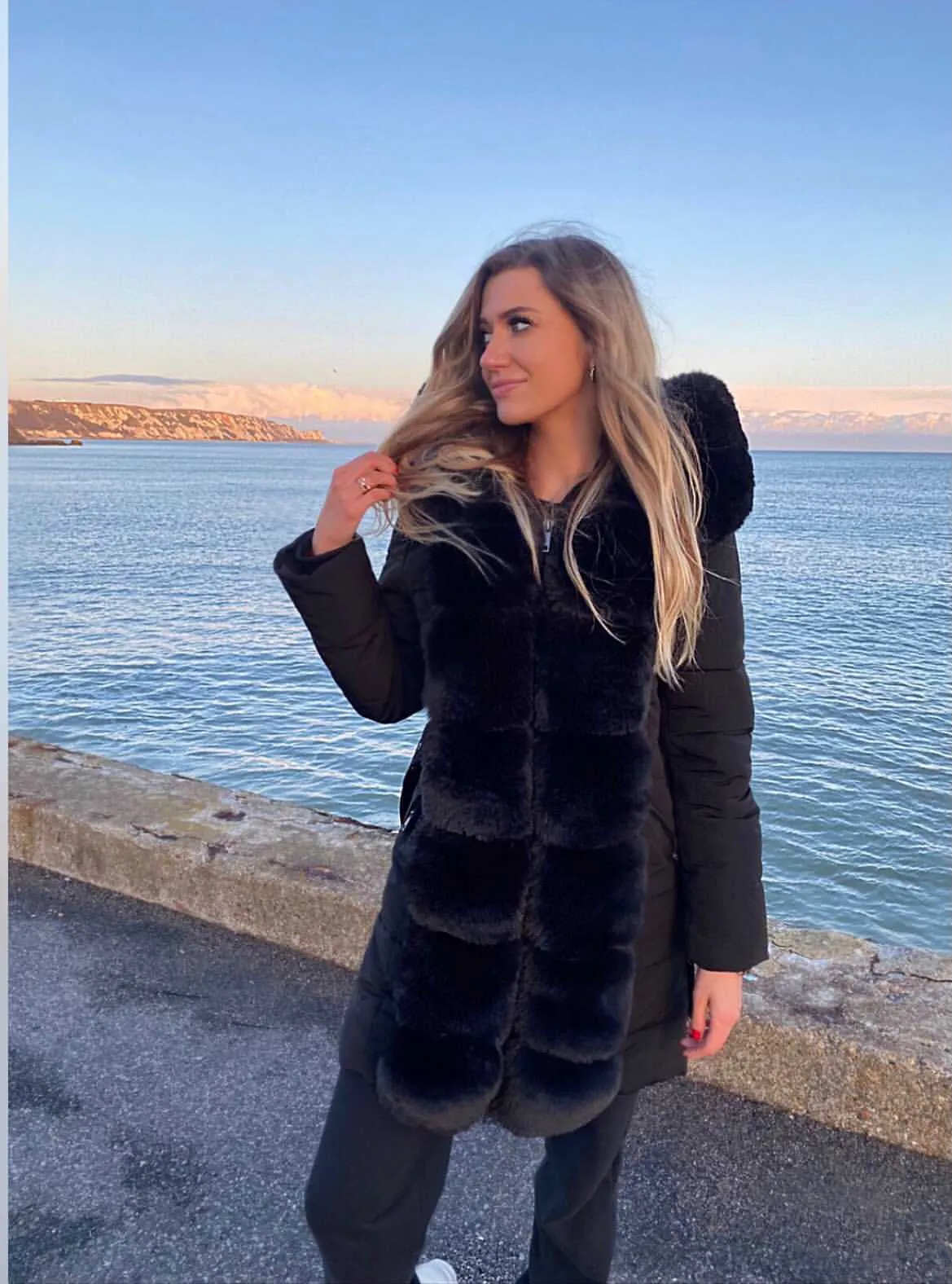 Black Belted Faux Fur Trim Puffer Coat - Serena sold by Storm Desire