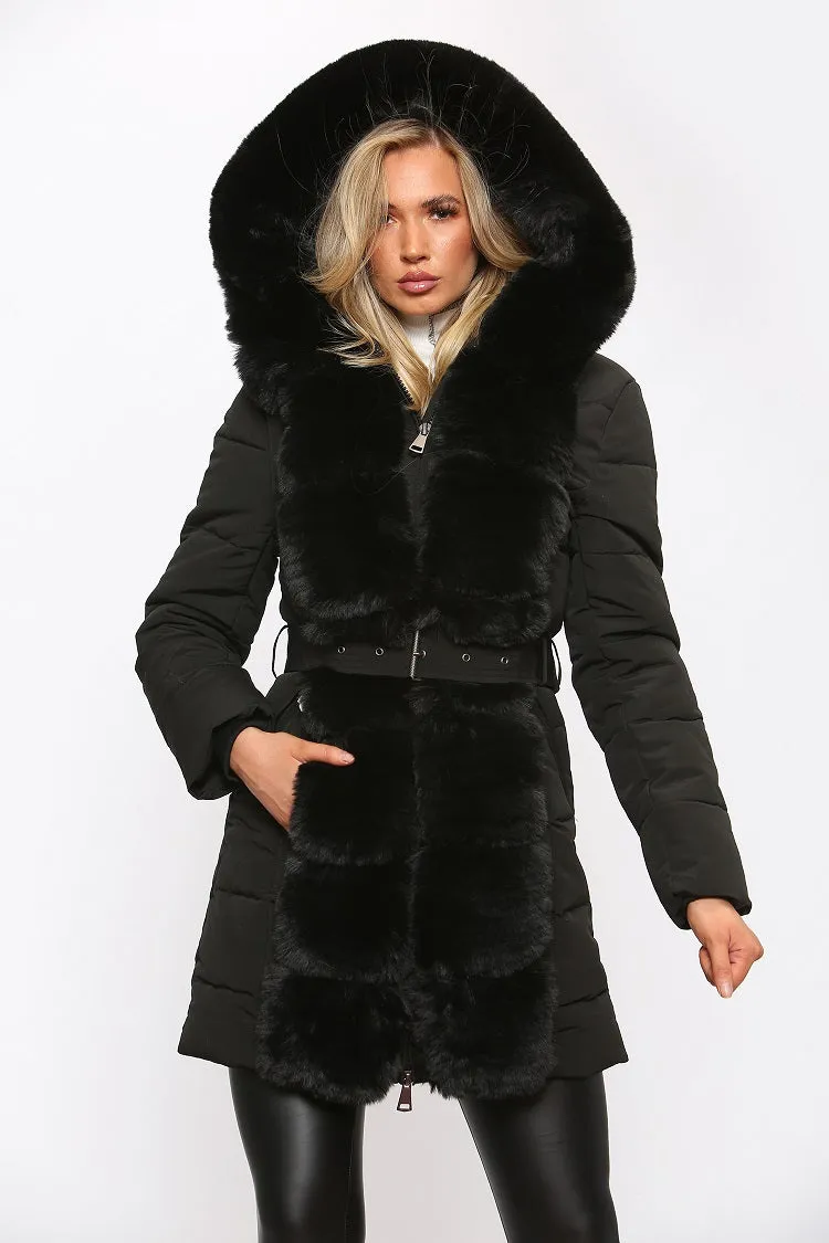 Black Belted Faux Fur Trim Puffer Coat - Serena sold by Storm Desire product image thumbnail 5