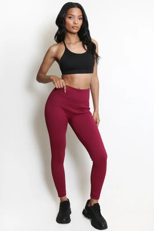 Wine High Waist Ribbed Leggings - Della sold by Storm Desire