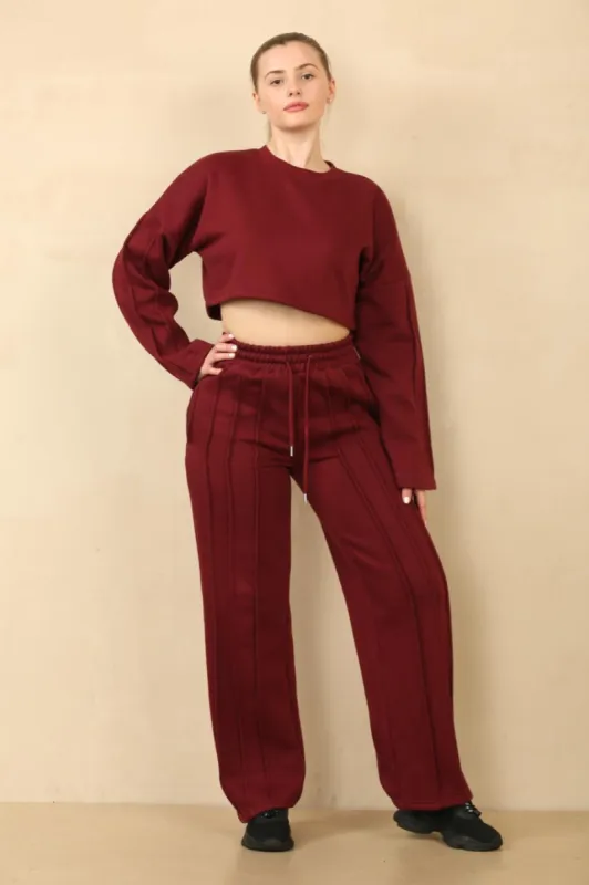 Wine Baggy Crop Top And Flare Joggers Loungewear Set - Jamie sold by Storm Desire