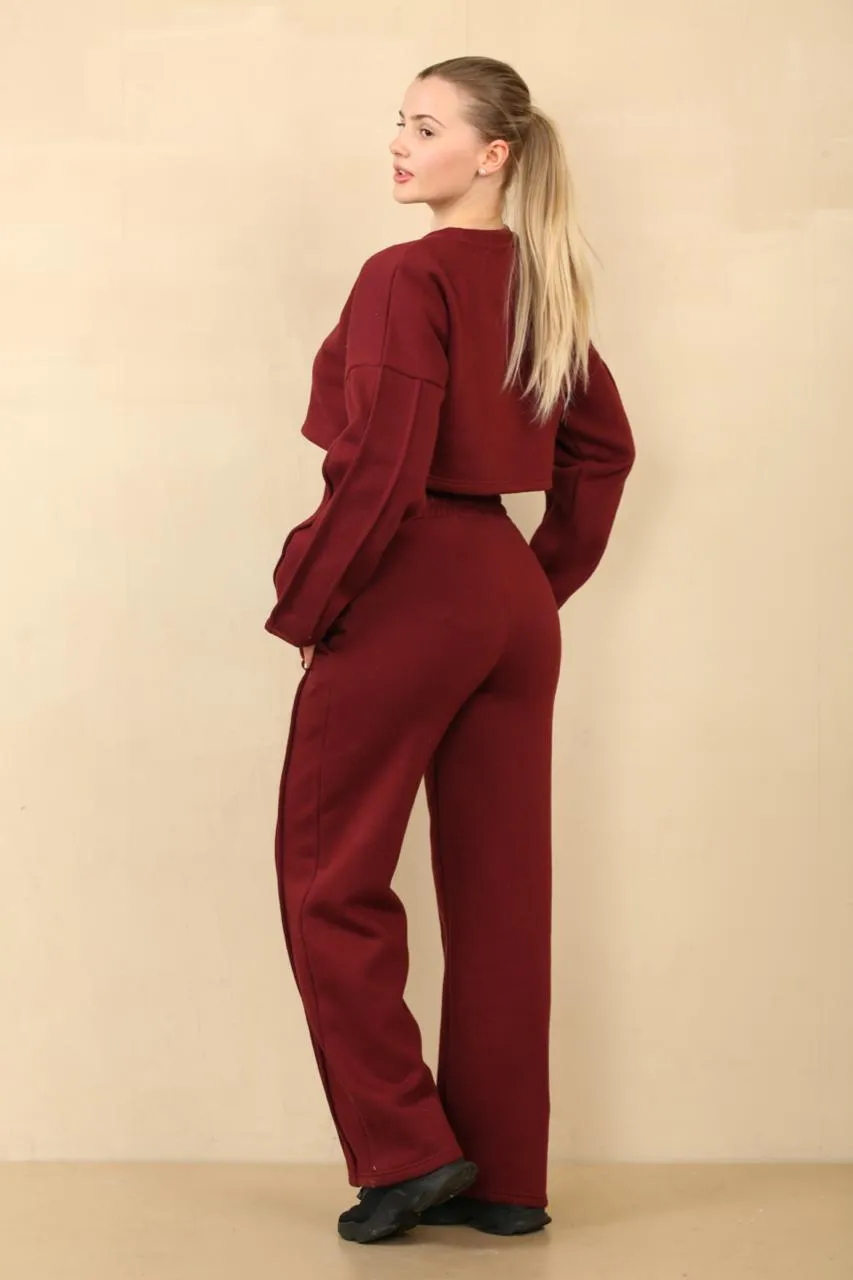 Wine Baggy Crop Top And Flare Joggers Loungewear Set - Jamie sold by Storm Desire product image thumbnail 3