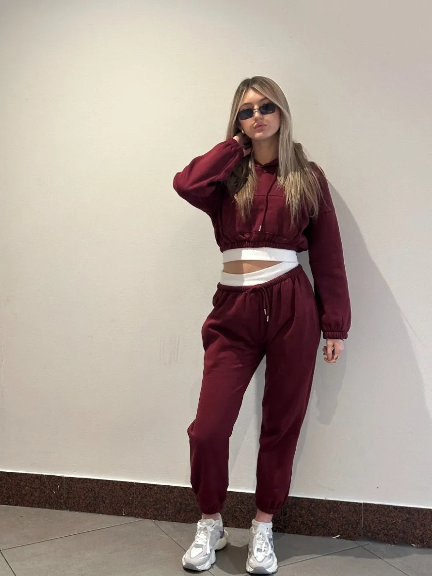 Wine White Band Crop Hooded Loungewear Set - Nelly sold by Storm Desire