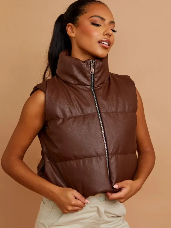 Brown Faux Leather Padded Cropped Gilet - Amaris sold by Storm Desire
