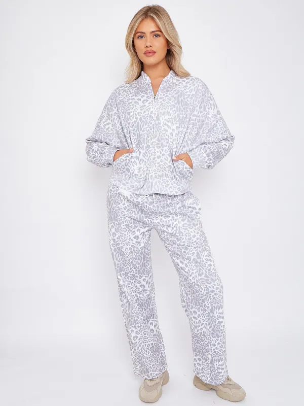 Leopard Print Bomber Style Oversize Fleece Zipper & Jogger Set - Sara sold by Storm Desire