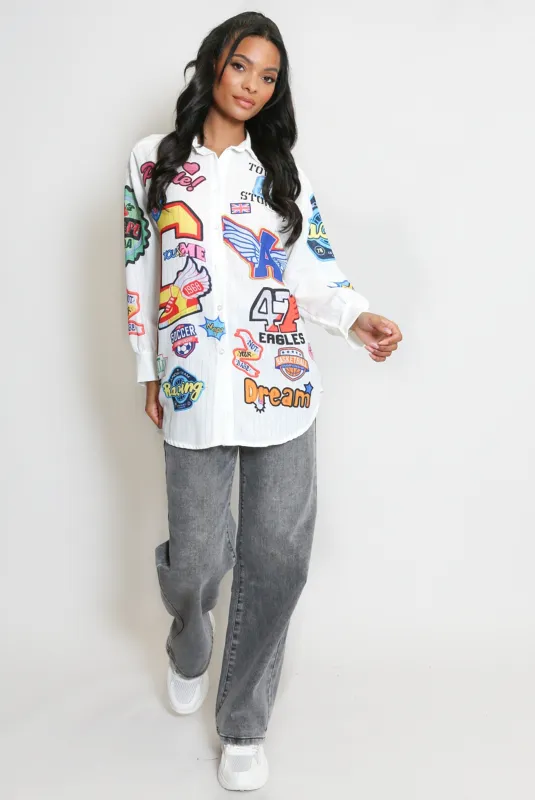 White Graffiti Print Oversized Shirt - Gabrielle sold by Storm Desire