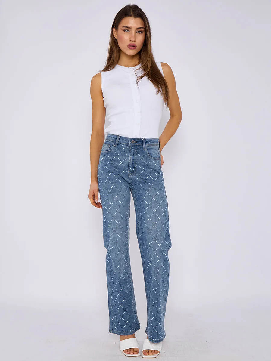 Diamante Studded Straight Leg Denim Jeans - Marina sold by Storm Desire product image thumbnail 3