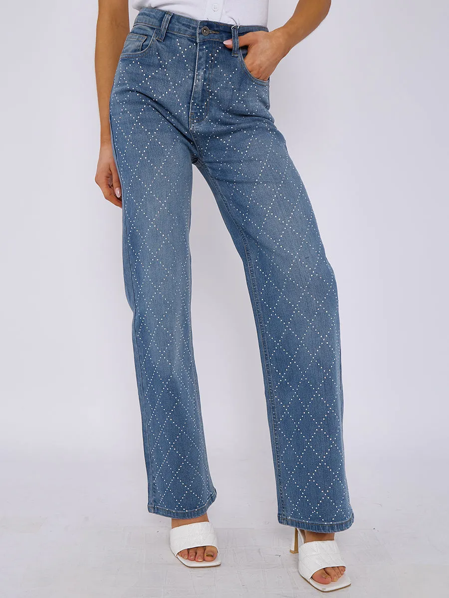 Diamante Studded Straight Leg Denim Jeans - Marina sold by Storm Desire product image thumbnail 2