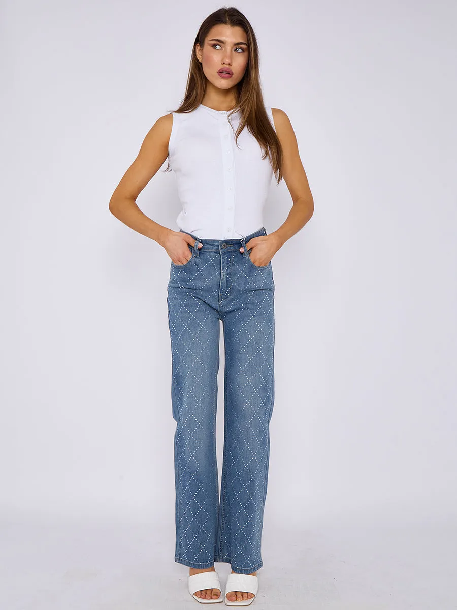Diamante Studded Straight Leg Denim Jeans - Marina sold by Storm Desire