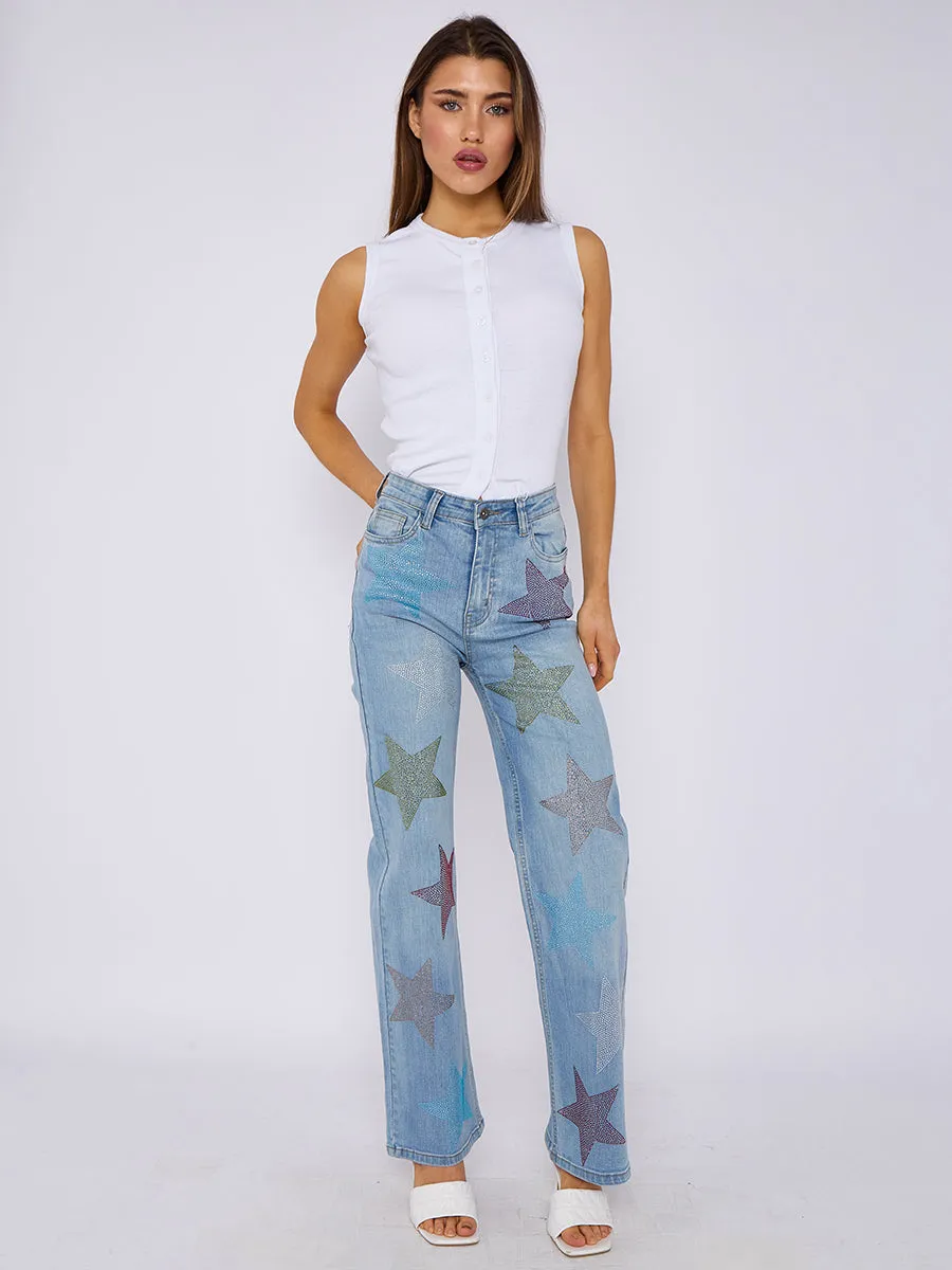 Star Studded Diamante Straight Leg Denim Jeans - Reyna sold by Storm Desire