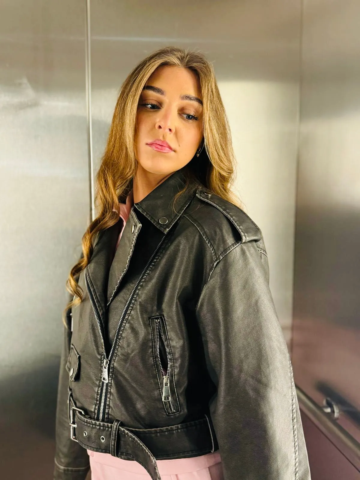 Khaki Faux Leather Biker Jacket - Lily sold by Storm Desire product image thumbnail 3