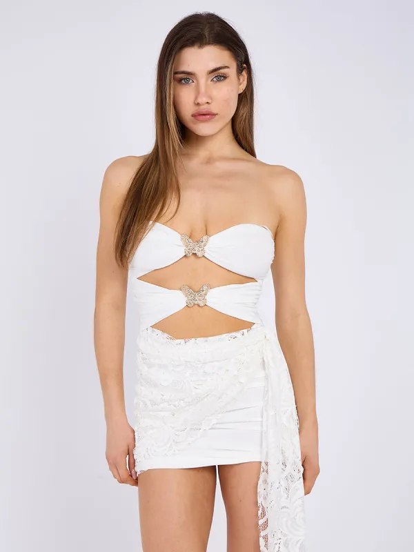 Bandeau Butterfly Lace Drape Mini Dress - Skyler sold by Storm Desire