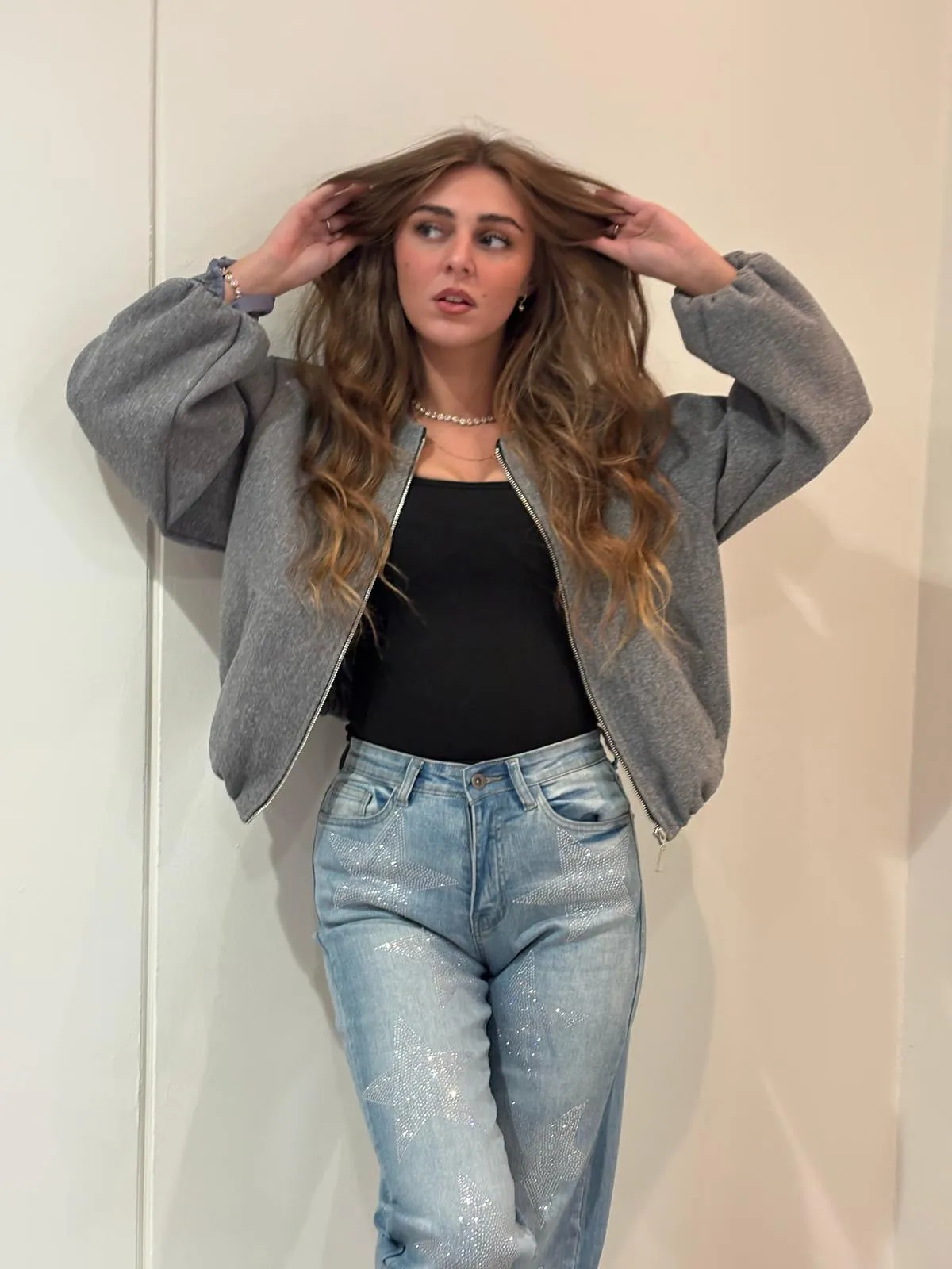 Bubble Hem Silver Zip Bomber Jacket - Violeta sold by Storm Desire product image thumbnail 5