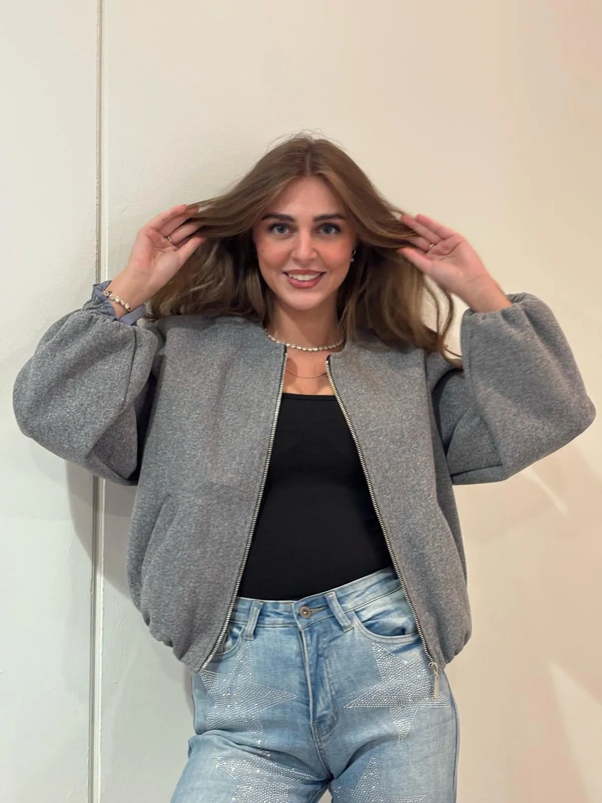 Bubble Hem Silver Zip Bomber Jacket - Violeta sold by Storm Desire product image thumbnail 4