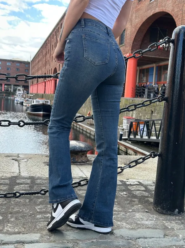 Denim Blue High Waist Flare Jeans - Zelda sold by Storm Desire
