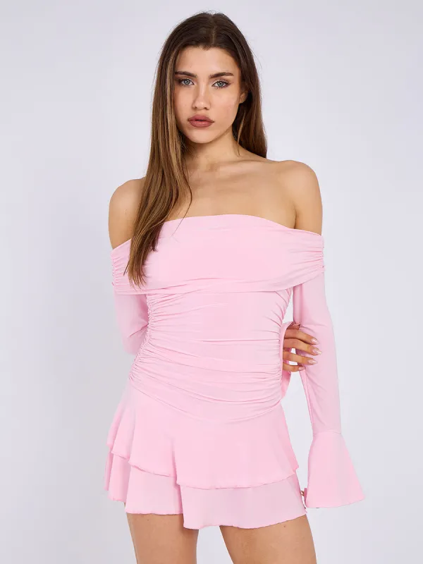 Ruched Off Shoulder Frill Mini Dress - Rosa sold by Storm Desire