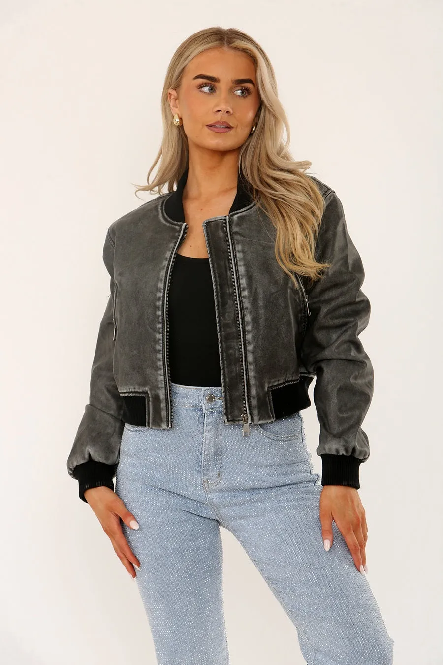 Distressed Washed Faux Leather Bomber Jacket - Kyra sold by Storm Desire product image thumbnail 4