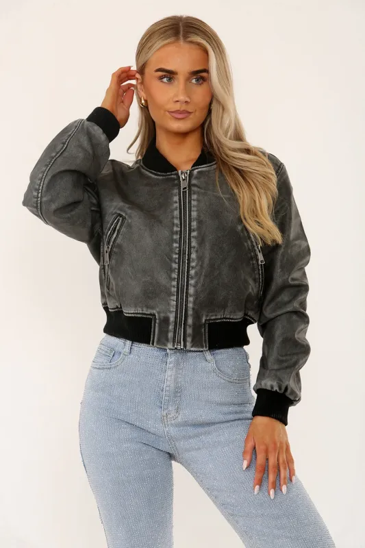 Distressed Washed Faux Leather Bomber Jacket - Kyra sold by Storm Desire