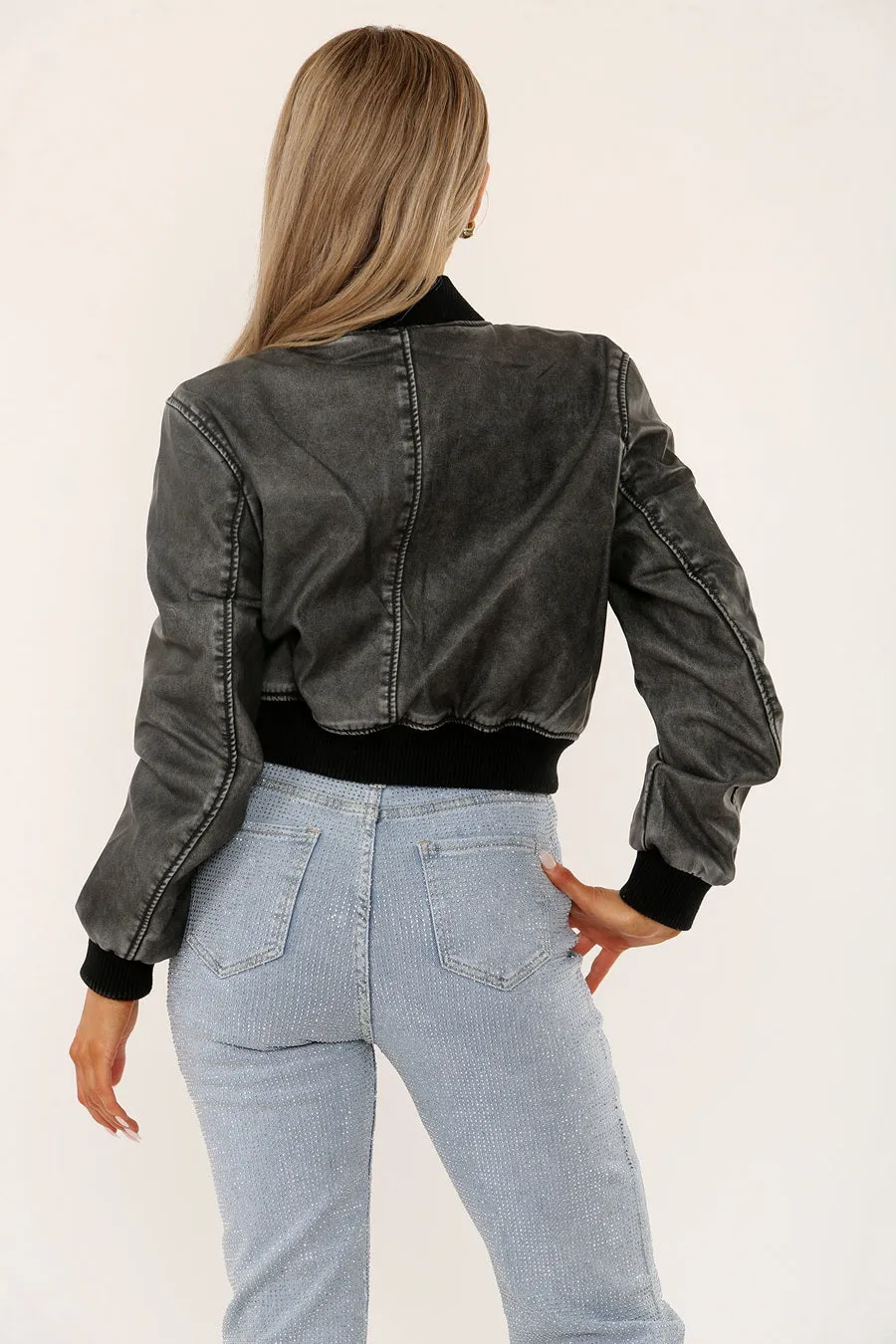 Distressed Washed Faux Leather Bomber Jacket - Kyra sold by Storm Desire product image thumbnail 3