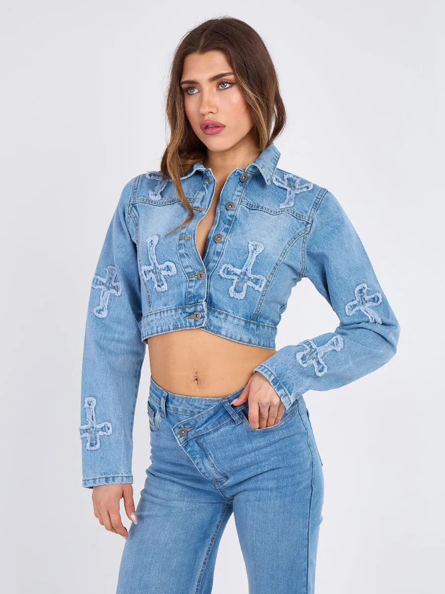 Cross Embroidered Cropped Denim Jacket - Lenora sold by Storm Desire