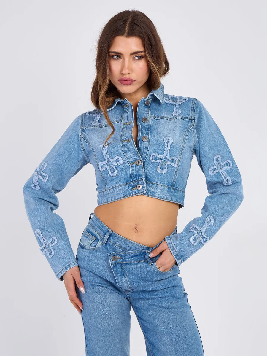 Cross Embroidered Cropped Denim Jacket - Lenora sold by Storm Desire product image thumbnail 3